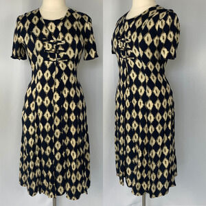 Vintage Midi Dress Size Large Navy Blue Cream Geometric Print A Line Retro 90s